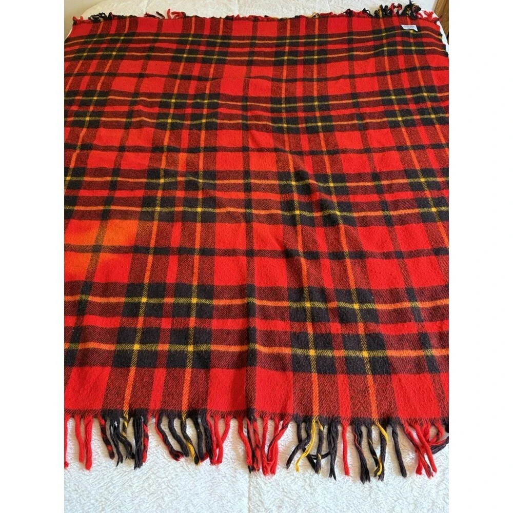 Vintage Faribo Acrylic Blanket Plaid Red Black Yellow 54